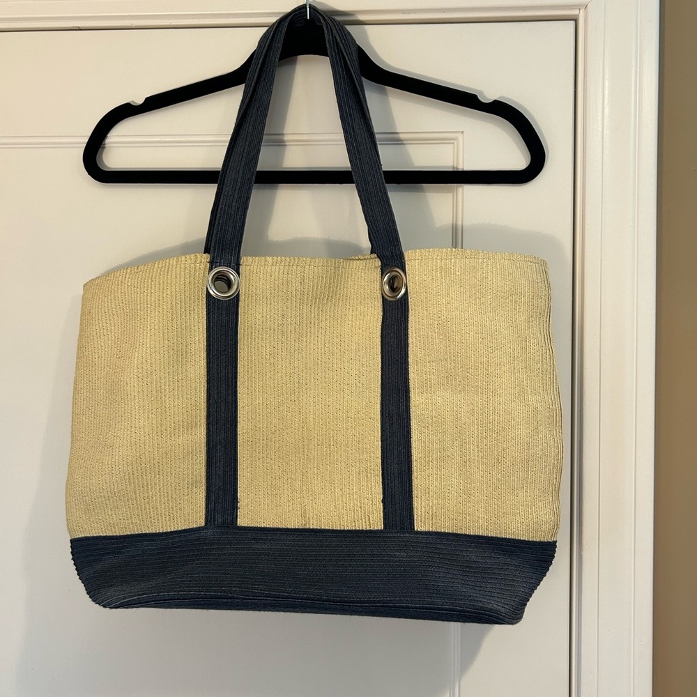 Navy and Cream Tote Bag, 18”w X 13”h,open top, snap closure,inside zipper pocket